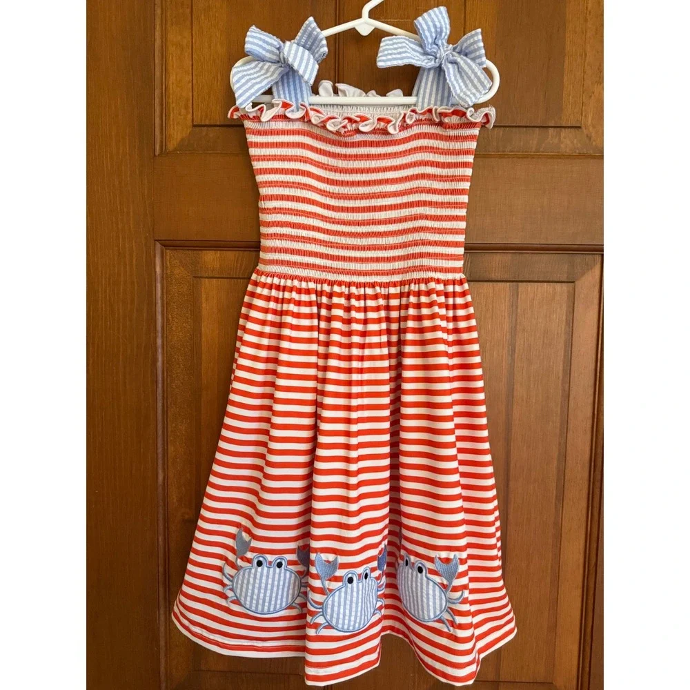BB Baby Crab Smocked Sundress Girls Size 7 Striped Bow Sleeves Summer Resortwear - Picture 2 of 15